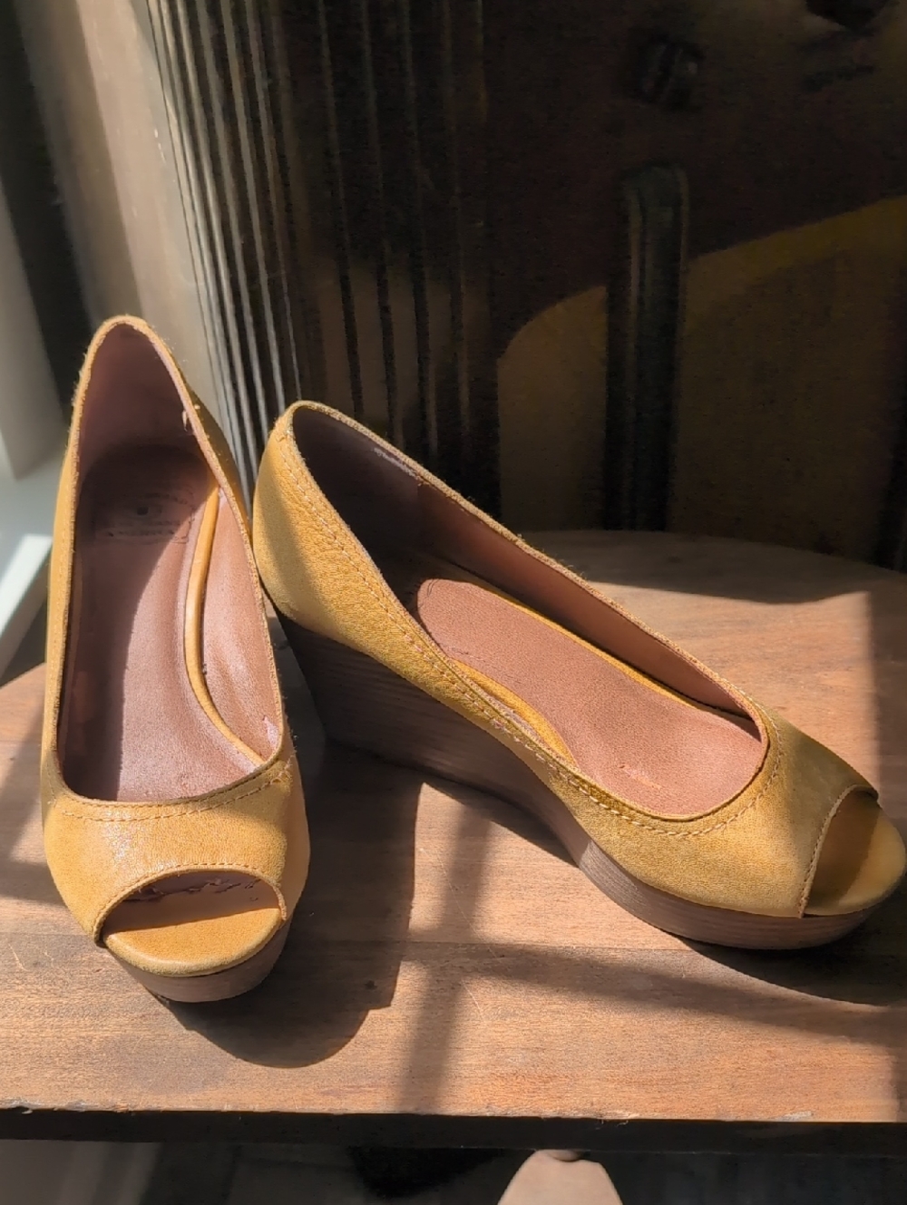 Vintage Lucky Brand Mustard Yellow Open-Toe Wedge Pumps